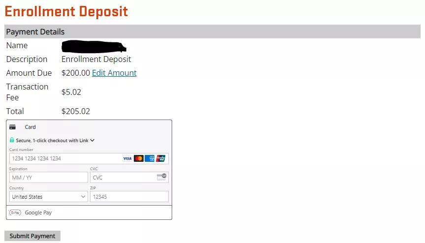 screenshot of enrollment deposit