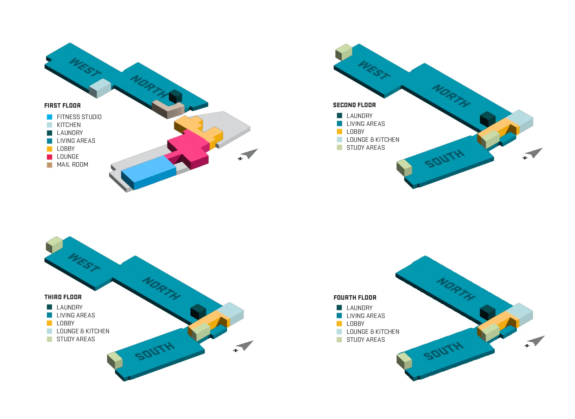 Simple graphics of Res Hall Building floor plans.