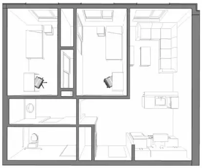 Floorplan for a 2-bedroom apartment with private bathroom in the Cascades residence hall