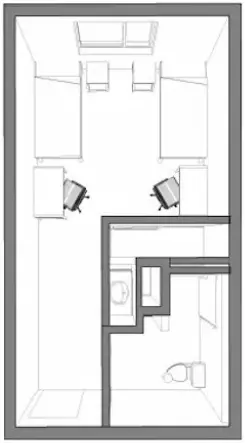 Floorplan for a double room with a private bathroom in the Cascades residence hall