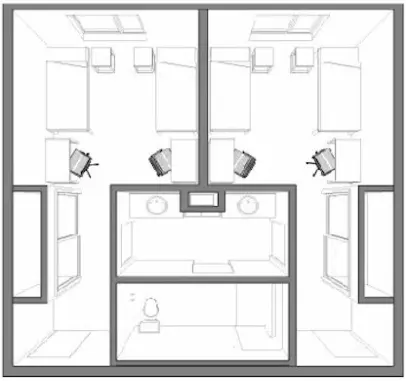 Floorplan for a double room with a suite-shared bathroom in the Cascades residence hall