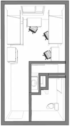 Floorplan for a triple room with a private bathroom in the Cascades residence hall