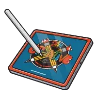 Tablet with drawing pen touching tablet with Dam Creative logo