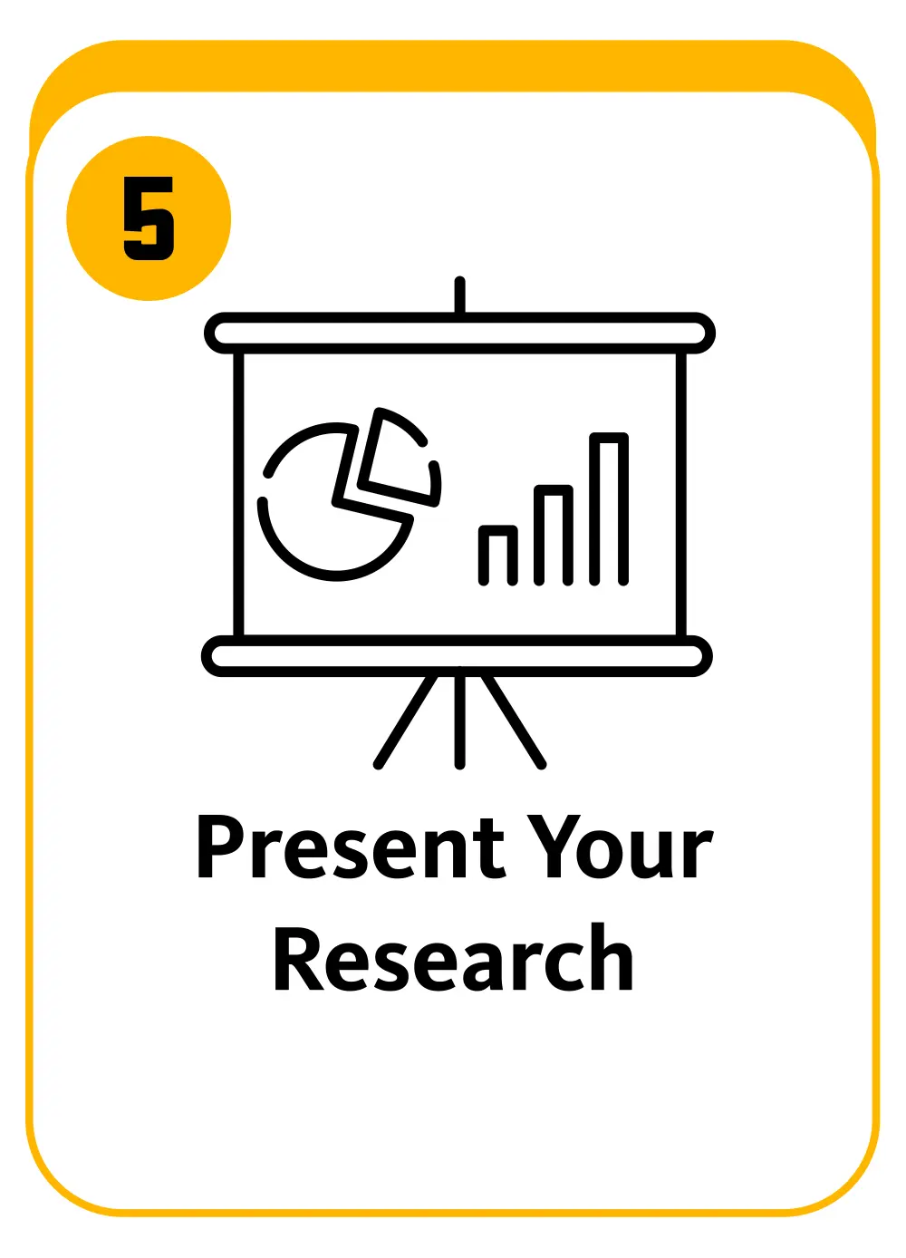 Presentation board icon with the number 5 and text: Present your research