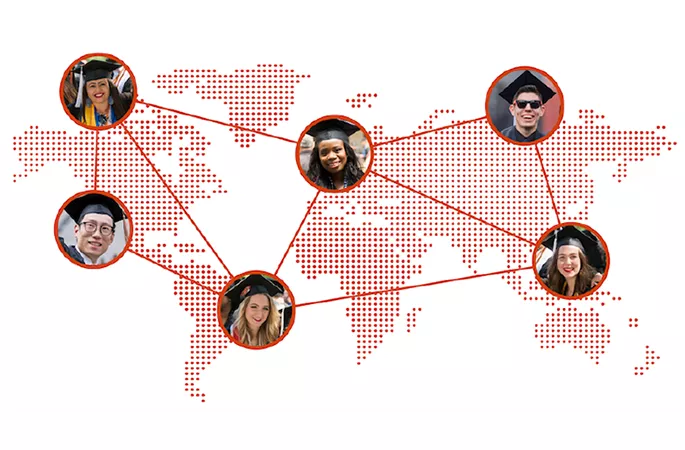 Dot Matrix flat map of the globe, with multiple images of graduates placed in different locations throughout with lines connecting them.